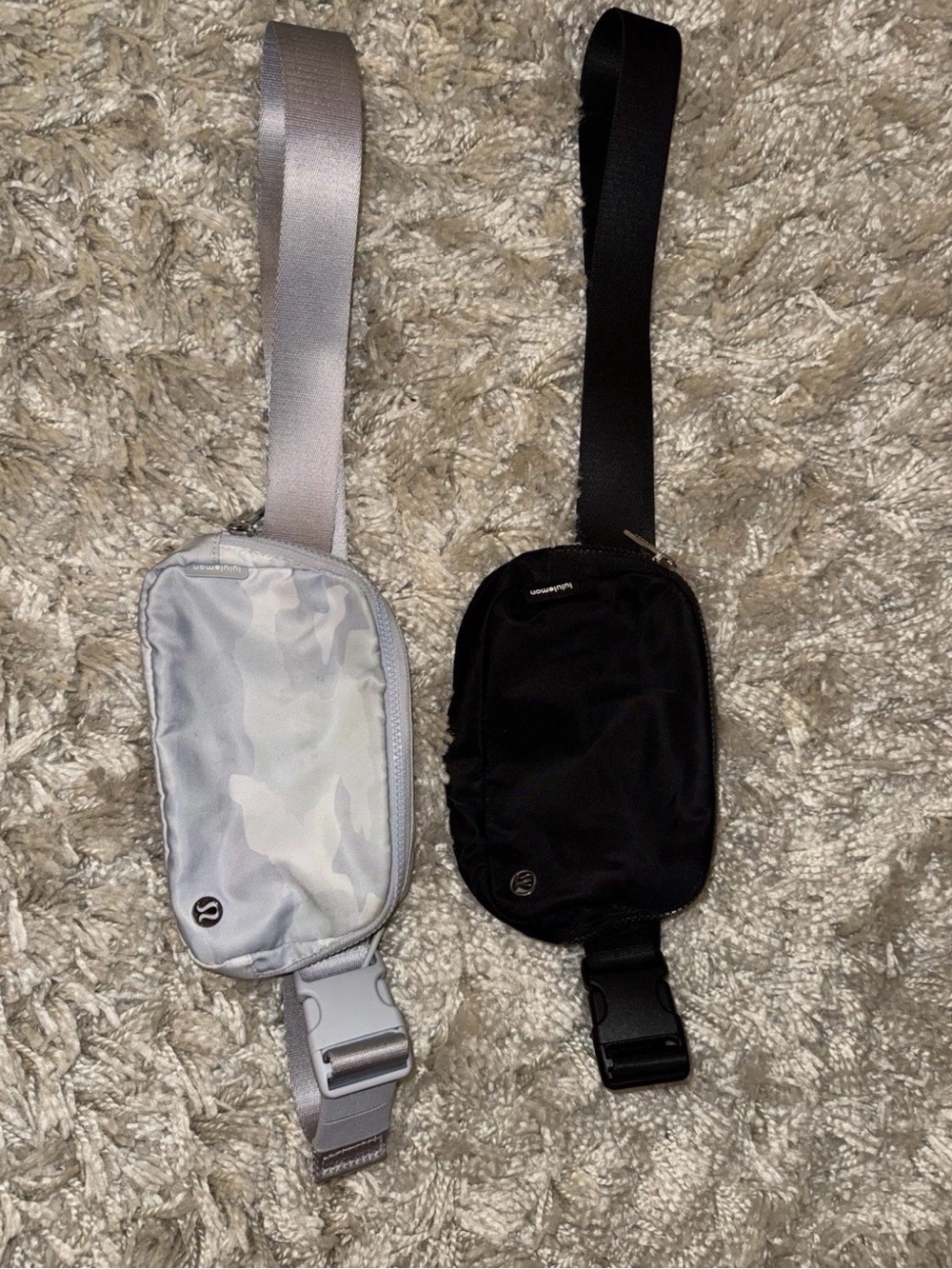 lululemon athletica set of 2 belt bags- black and light grey camo